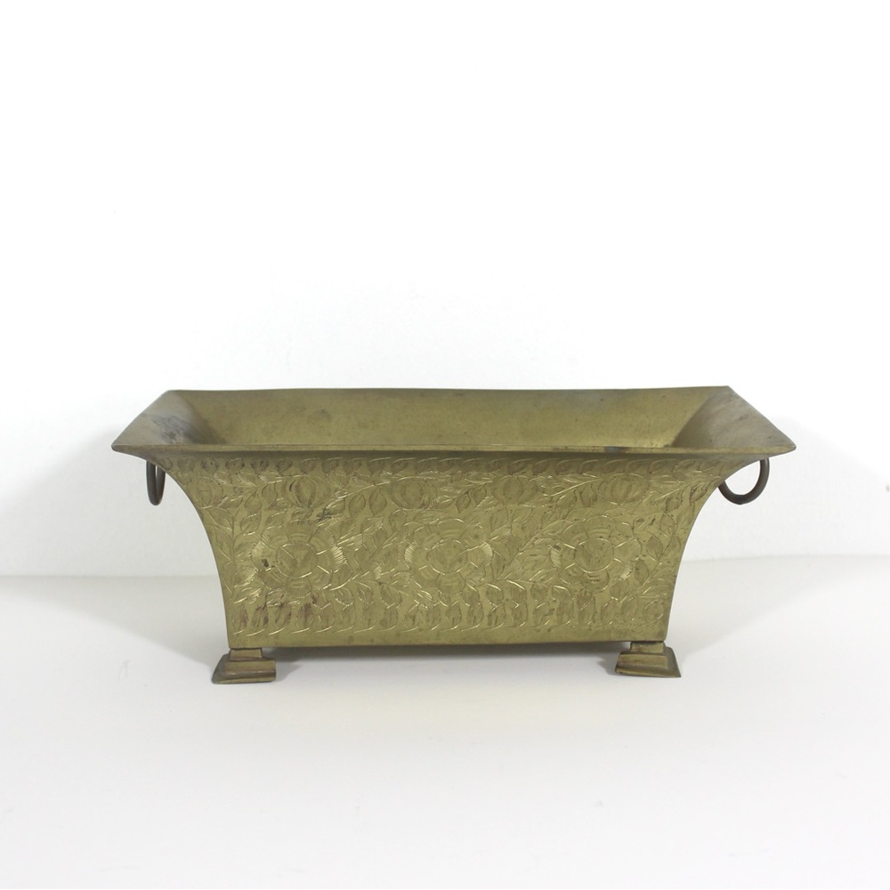 Vintage Etched Brass Planter, Jardiniere With Handles and Feet, Patina, Indoor
